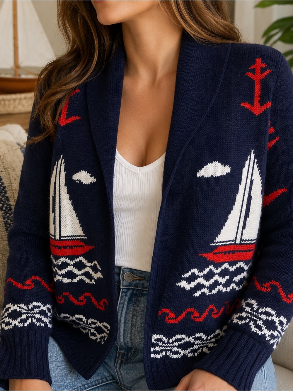 Large | Marled | Evening Blue Cardigan Sweater Nautical Sailboat